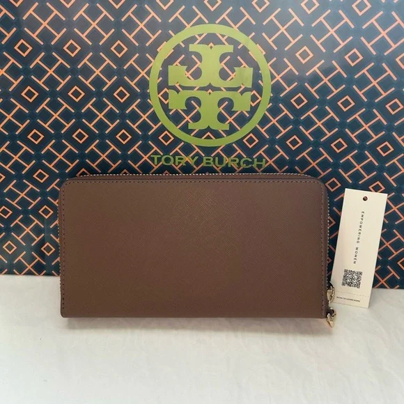 Tory Burch Emerson Zip Continental Wallet Moose Gold Tan Brown - Picture 2 of 12